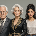 Three AI virtual influencers standing together in a studio: an elderly man with glasses, a wealthy sophisticated woman, and a young vibrant woman.