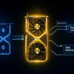 Diagrama técnico mostrando la optimización de hardware con una RTX 3090 y una RTX 3060 activando funciones como Sage Attention y Turbo LoRA en un entorno oscuro.