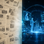 Imagen dividida que muestra la evolución de la publicidad: de periódicos físicos antiguos a interfaces holográficas futuristas con agentes de IA.
