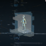 Vista detallada de una interfaz digital con un nodo basado en gráficos, donde una máscara semi-transparente resalta un área y un personaje está perfectamente posicionado dentro de esa región de la máscara.