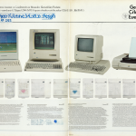 Vista detallada de una página de revista vintage mostrando varios modelos de computadoras Apple y una impresora láser.