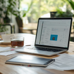 Escritorio de trabajo moderno con laptop mostrando perfil freelance