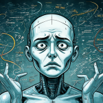 Ilustración de un sistema de inteligencia artificial frustrado rodeado de datos infinitos y código