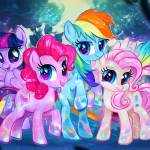 Cuatro ponis de My Little Pony G6 posando juntos en un entorno mágico.