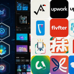 Imagen mostrando herramientas de edición digital conectadas a logotipos de plataformas freelance, simbolizando el mercado de trabajo remoto para editores.