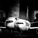 Split illustration of a vintage FedEx DC-10 and a modern Flydubai jet, showing silhouettes of two pilots in prison cells to contrast past and present aviation crime.