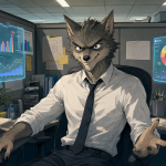 Ilustración de un hombre lobo trabajando en una oficina con gráficos flotantes de estadísticas