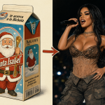 Ilustración mostrando un envase de leche Santa Isabel junto al texto del anuncio y a la cantante Karol G