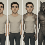 Four-panel illustration showing the progressive anatomical changes from human to werewolf.