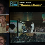 A bento-grid layout illustration showing James Burke presenting Connections, a title card from the 1978 BBC documentary series, and a screenshot of an episode featuring historical connections between disparate technologies.