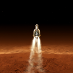 Cohete pequeño despegando desde Marte con astronautas visibles