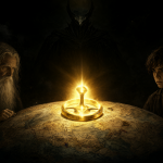 Mapa de la Tierra Media con el Anillo Único brillando en el centro, rodeado por Gandalf y Frodo, mientras Sauron lo observa desde el fondo.