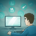 Persona frustrada frente a un monitor con iconos flotantes y desvanecidos de tecnología y bolsa.