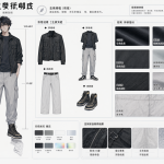 Un gráfico digital mostrando una interfaz de IA analizando la ropa de un personaje, con fragmentos de texto flotando que describen los tipos de tela y el corte de la prenda.