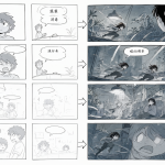 Imagen dividida mostrando la conversión de viñetas de cómic a planos de storyboard.