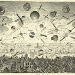 Vista del grabado histórico de 1561 con esferas y cilindros en el cielo de una ciudad.