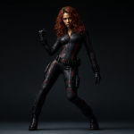 Retrato completo de Black Widow con su jumpsuit clásico y una postura dinámica.