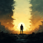 Una ilustración artística de un personaje humano en la frontera entre dos mundos, bajo un amanecer esperanzador.