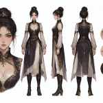 Digital illustration of a complex character sheet with multiple views and details.