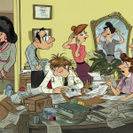 Ilustración del personaje clásico Artemio y su equipo de trabajo en una oficina de los años 60.