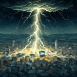 Vista de una tormenta eléctrica golpeando una ciudad moderna.