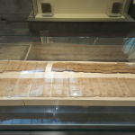 Varios rollos de papiro antiguo expuestos dentro de una vitrina de cristal en un museo.