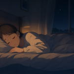 Persona relajada practicando respiración profunda en un ambiente nocturno y tranquilo.