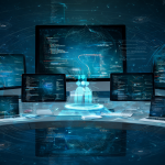 Vista futurista de herramientas de IA y Linux trabajando juntas para crear alternativas a software propietario.