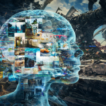 Ilustración surrealista que muestra la mente de una persona transformándose en generación de video y paisajes industriales.