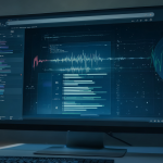 Pantalla de computadora mostrando la conversión de audio a texto mediante IA.