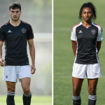 Side-by-side comparison of men's and women's football uniforms