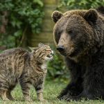 Gato pequeño confrontando a un oso en el patio trasero