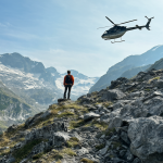 Hiker and rescue helicopter on a mountain trail.
