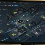 Una interfaz de software mostrando flujos de trabajo junto a tarjetas gráficas RTX.