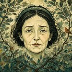 Una persona serena rodeada de elementos naturales que simbolizan la sabiduría, nostalgia y el misterio de tener un alma vieja.