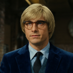 Foto del inicio de Austin Powers con el traje azul y peluca