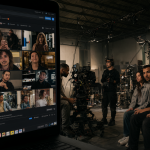 Imagen que muestra una interfaz de software de generación de video junto a un equipo de filmación profesional.