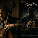 Composición dividida mostrando un violonchelo siendo tocado con una púa, junto a las portadas del sencillo Spectre y Burn the Witch.